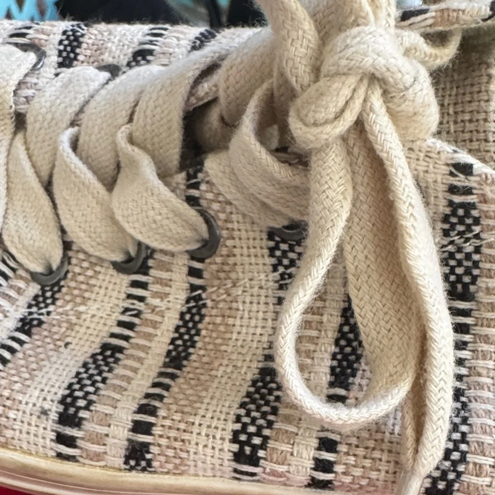 SeaVees Beige and Black Striped Sneakers with Suede Heel.